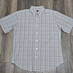Men's Gray Plaid Short Sleeve Button Up Medium 15/15 1/2 Dress Casual Shirt Blue